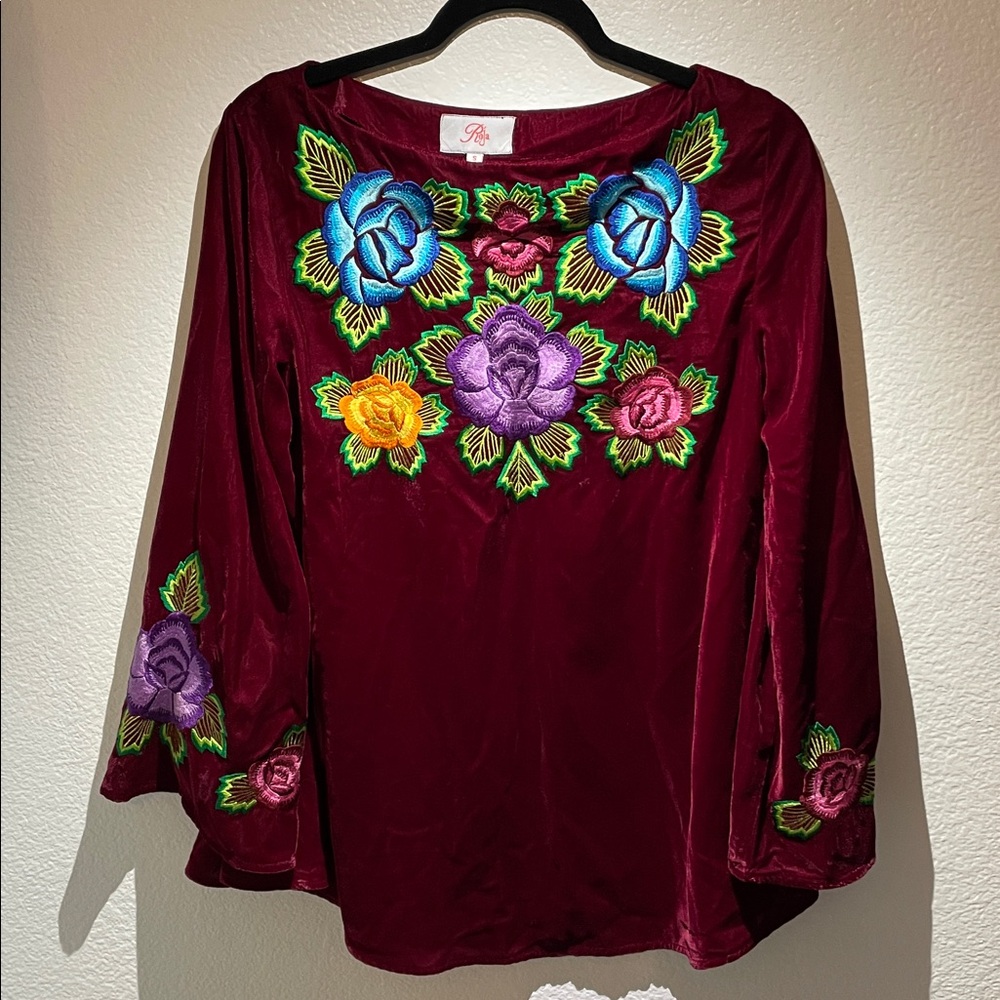 Roja Velvet Embroidered Western Boho Bell Sleeve floral Top